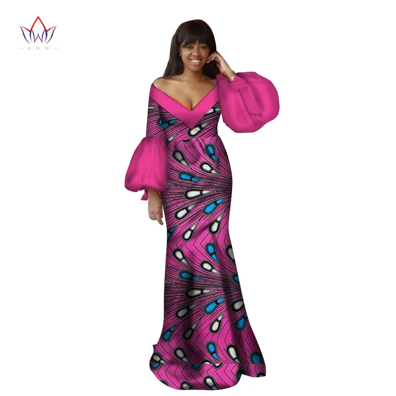2020 Autumn Traditional African Clothing Dashiki Floor-length African V-neck Dresses For Women Full Sleeve None 6xl BRW WY2368