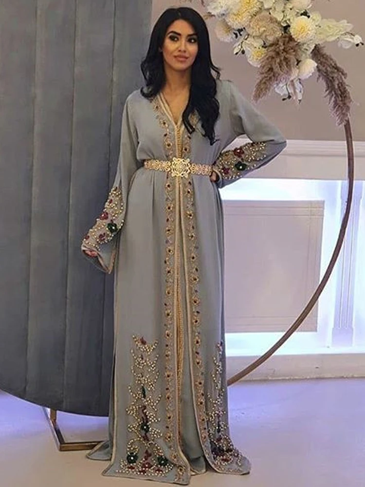 Фото LORIE Celebrity Evening Dresses Moroccan Caftan for Women Lace Appliques Beading Formal Silver Grey Prom Party Gowns Long Sleeve №2