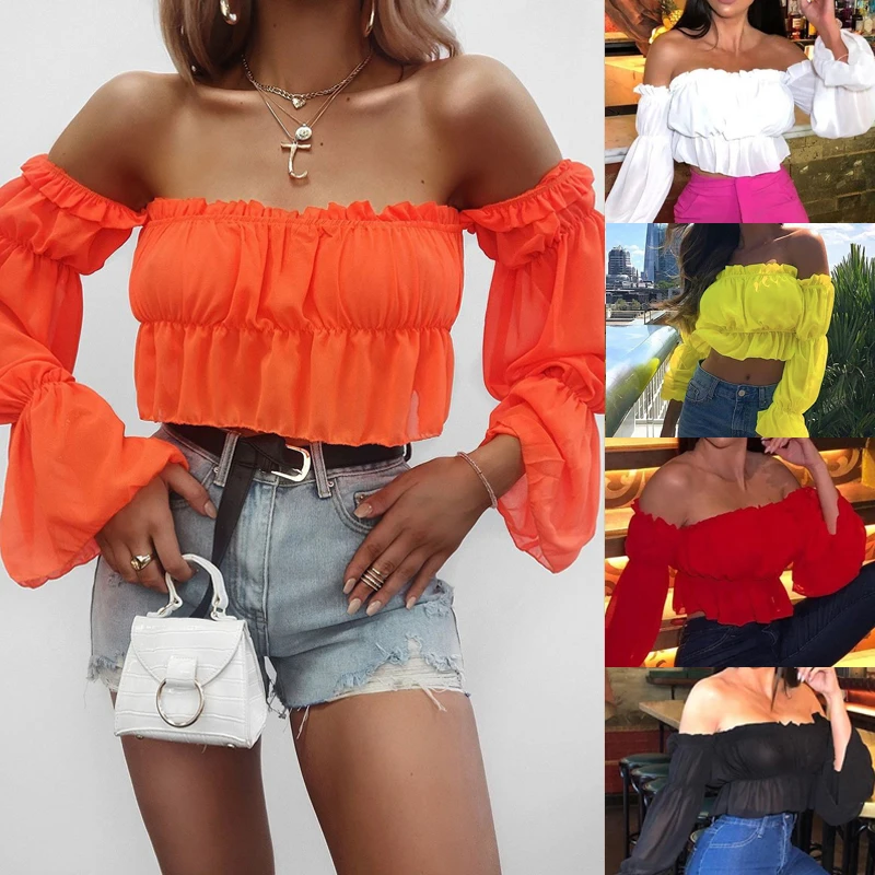 

2020 Women Off Shoulder Sheer Mesh Puff Long Sleeve Ruffle Tops Shirt Blouse Tops