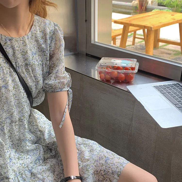 

Women Elegant Flower Printing Hem Ruffles Casual Mini Dress Lady Short Sleeve Chiffon Vestidos Chic Dresses Little Cake Dress