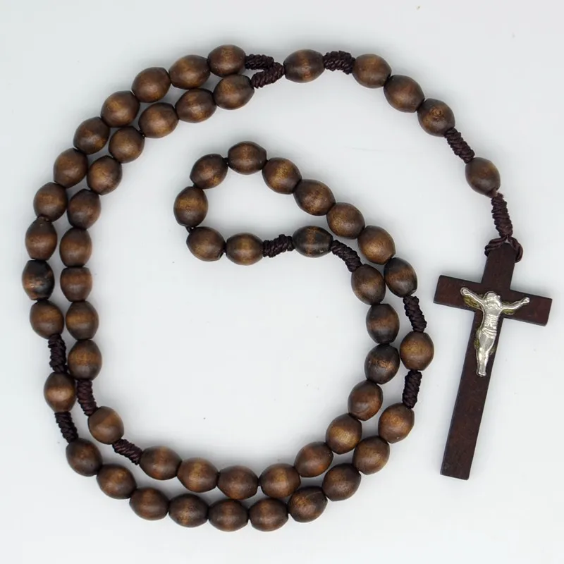 Овальные деревянные четки кулон с крестом Иисуса ожерелье католицизма модные