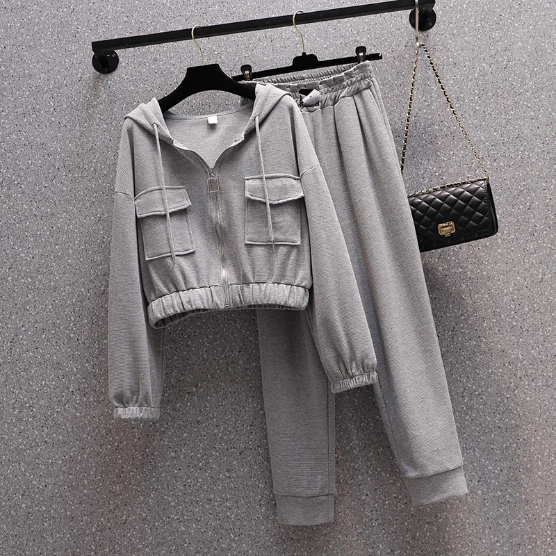 

Женские однотонные повседневные комплекты размера плюс, толстовки на молнии, спортивные костюмы с эластичным поясом, брюки, весенние базов...