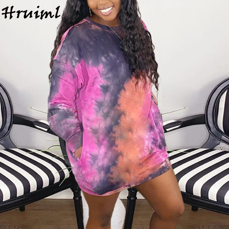 

Plus Size Woman Dress Autumn Tie Dye Print Oversize Fashion Long Sleeve O Neck Mini Dress Casual Loose Streetwear Roupa Feminina