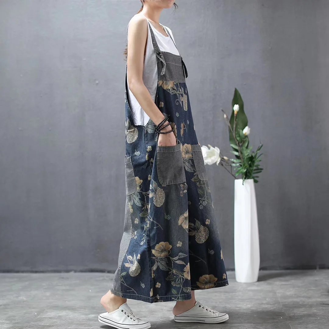 

Spring Summer Vintage Floral Print Baggy Loose Casual Denim Pants Wide Leg Ankle Length Jeans Female Trendy Retro Overalls