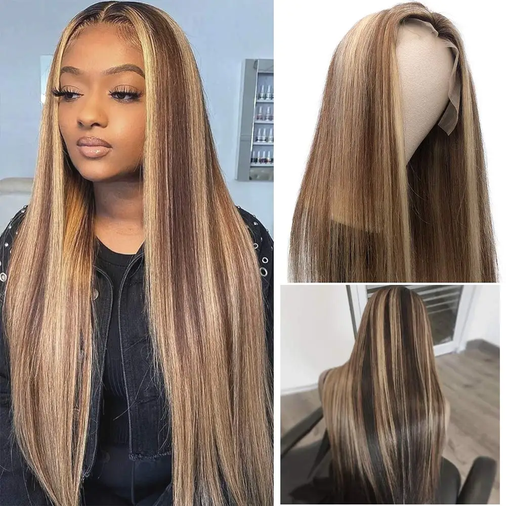 Brown Highlight 13x1 T Part Lace Front Human Hair Wig Straight Glueless Middle Part Pre Plucked Natural Hairline With Baby Hair