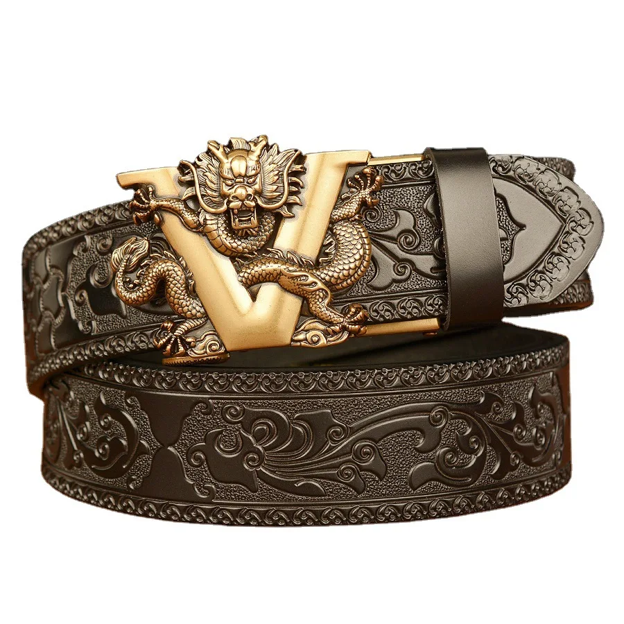 Cowskin Belt for Men Dragon Retro Automatic Buckle Genuine Leather Men's Carved Casual Jeans Luxury Brands Ceinture Designer 125