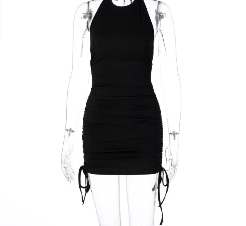 

Sexy Backless Ruched Dress Autumn Halter Bodycon Short Dresses Women Drawstring Club Partywear Vestidos Streetwear
