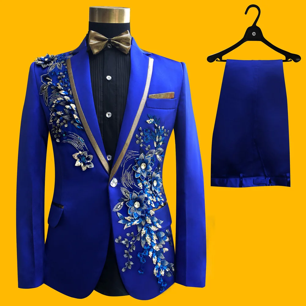 Royal Blue Palette Embroidered Wedding Stage Suit Men Heavy Workmanship Terno Masculino Costume Homme Party Club Outfits | Мужская