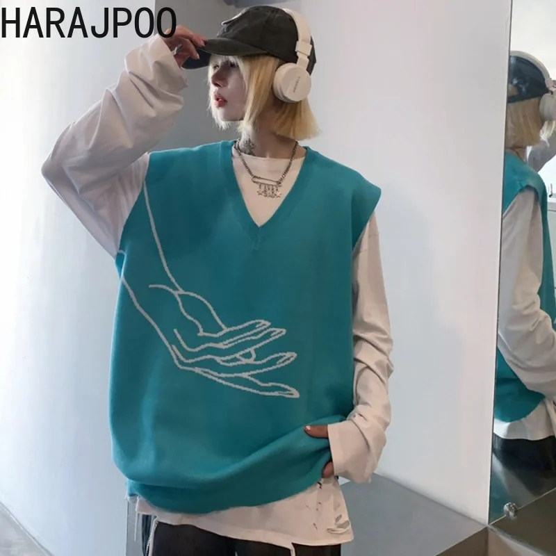 

Женский жилет Harajpoo, одежда, куртка, Женская Осенняя корейская мода в Instagram, жаккардовый вязаный свитер без рукавов с V-образным вырезом, верхн...