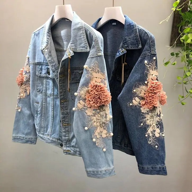 

Jean Jacket Nice spring Autumn Women Embroidery Three Dimensional Flowers Pearl Bead Short Denim Coat Woman Long Sleeve Feminina