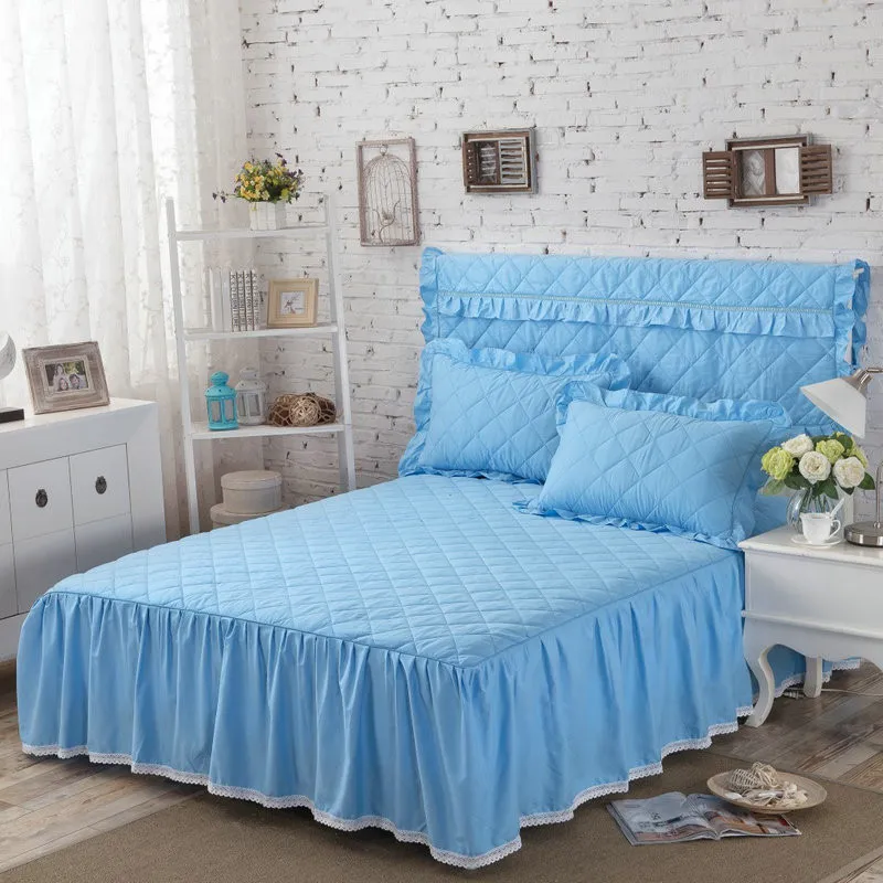 

winter quilted bed skirt 100% cotton Bed cover cotton pad dust ruffle Princess Lace Petticoat solid fitted sheet skirt