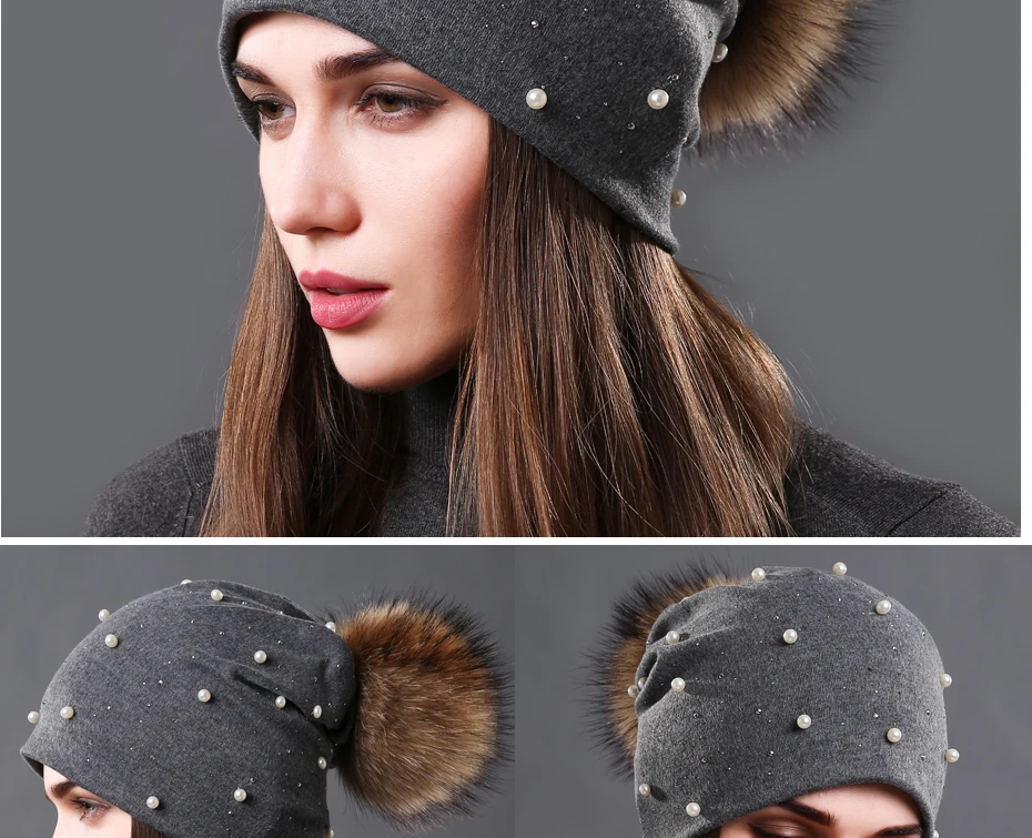 New Women's Pearls Beanies Winter Causal Solid Rhinestone Pearl Slouchy Beanies Hat with Raccoon Fur Pompom Femme Black Cap