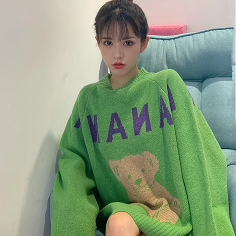 Зеленый серый женский пуловер с милым медведем свитер 2020 милыми мультяшными