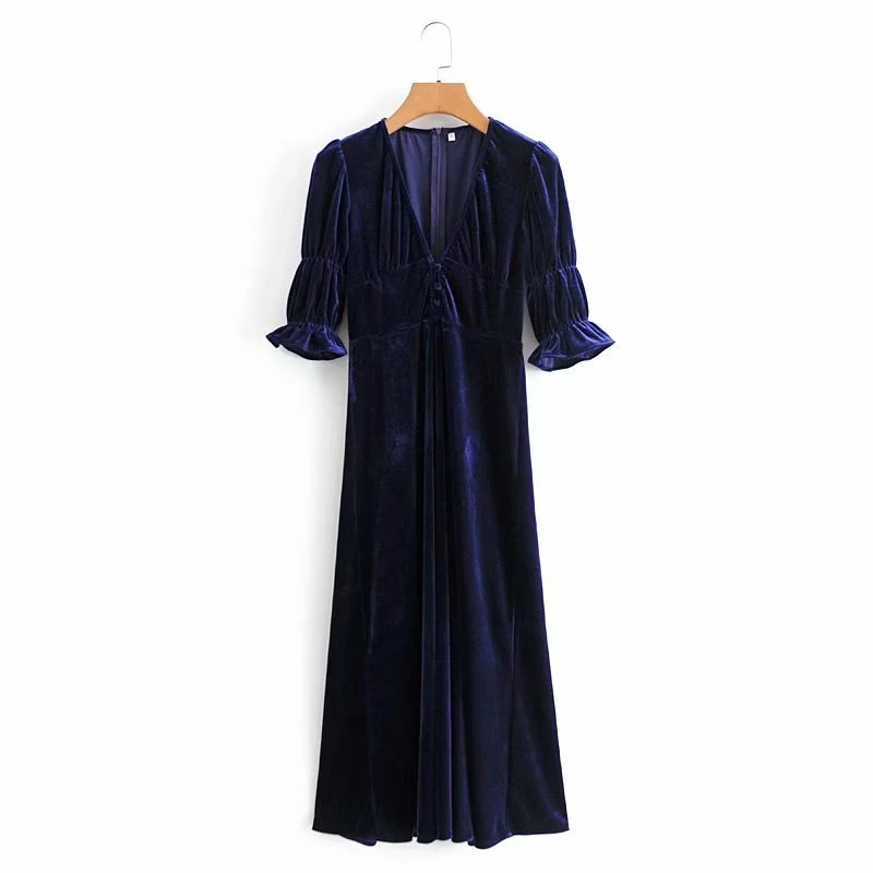 

Elegant Women Blue Velvet Slim Dress 2021 Fashion Ladies V-Neck Puff Sleeve Vestidos Sweet Female Chic French Long Dresses