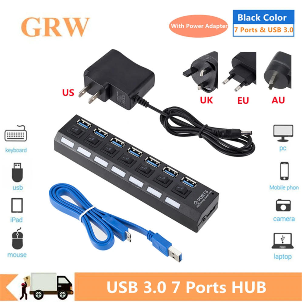 

2022 GRWIBEOU USB 3.0 Hub Multi USB Splitter 3 Hab Use Power Adapter 7 Port Multiple Expander USB 3.0 Hub with Switch For PC