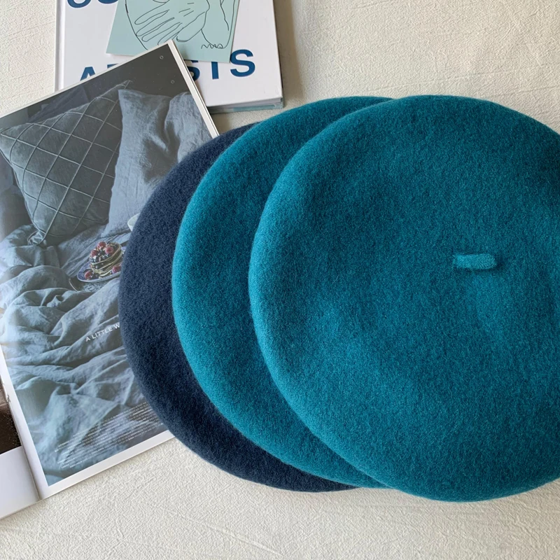 

Luna&Dolphin Women 90%Wool Mushroom Rimi Blue Berets Autumn Winter Deep Eaves Knitting Artist Cap Painter Beanie Hat Sweet Color