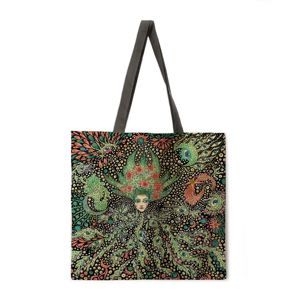 

Oil painting forest girl casual tote bag linen bag reusable shopping bag outdoor beach bag casual tote bag