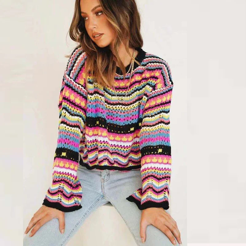 

Женский трикотажный свитер в полоску, с круглым вырезом