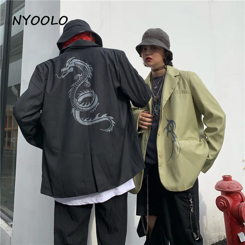 NYOOLO Harajuku Винтажная с драконом принт женский костюм с карманами Осенняя уличная одежда с длинным рукавом однобортное пальто женская мужская одежда верхняя одежда