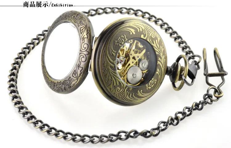 Bronze Transparent Roman Display Steampunk Mechanical Pocket Watch Vintage Gentleman Necklace Pendant Fashion Accessories Clock