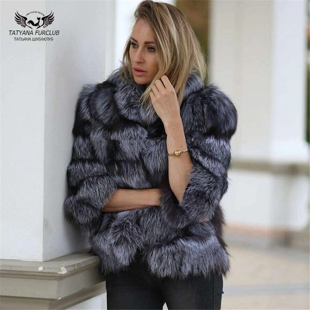 Tatyana Furclub, шуба из натурального меха серебристой лисы, короткая шуба из натурального меха, теплая женская меховая куртка, зимнее пальто, винтажное женское шуба