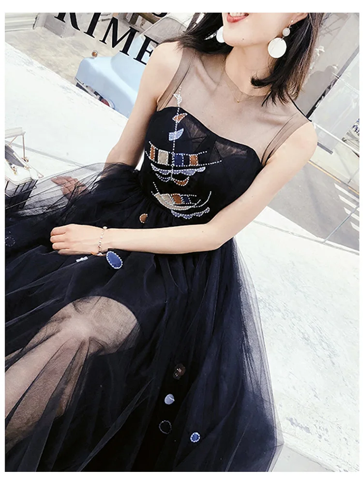 

Stunning Black Evening Dress Tulle with Colorful Embroidery Prom Gowns