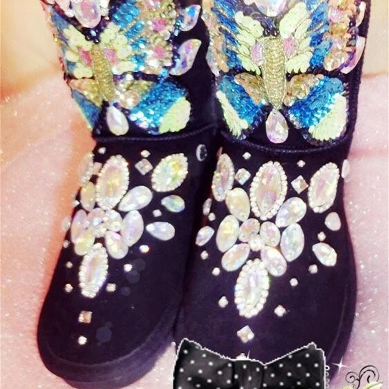

Flower crystal gem three-dimensional sequin bow leather tube snow boots European station tide sequins boots