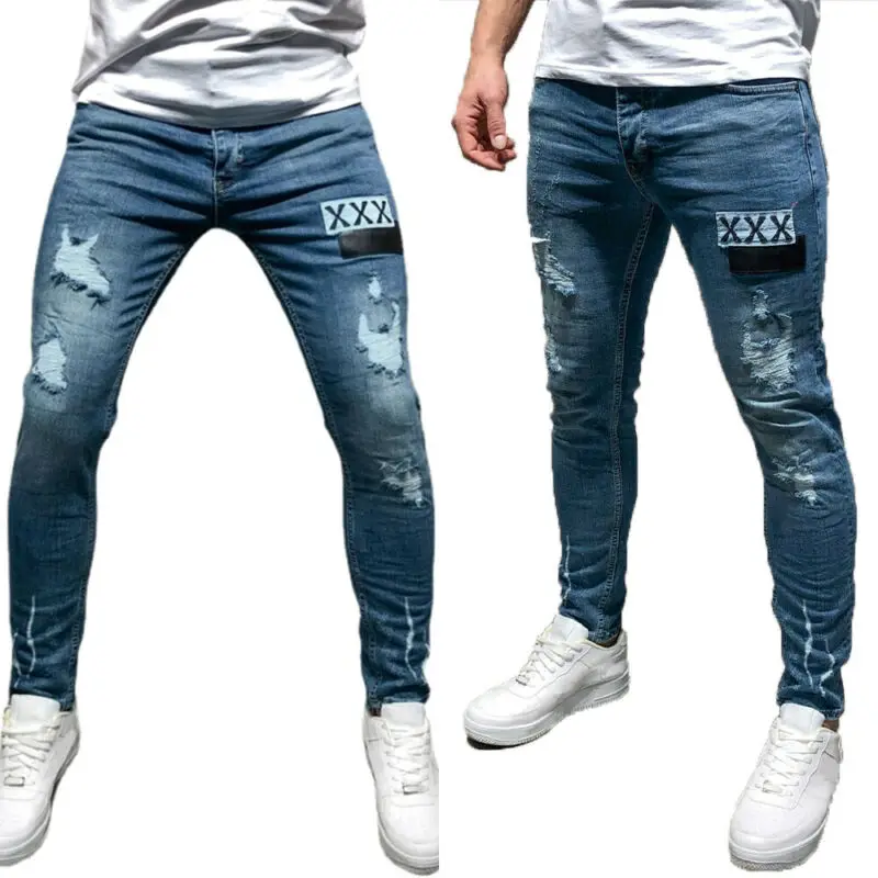 Мужские рваные узкие джинсы стрейч повседневные облегающие длинные