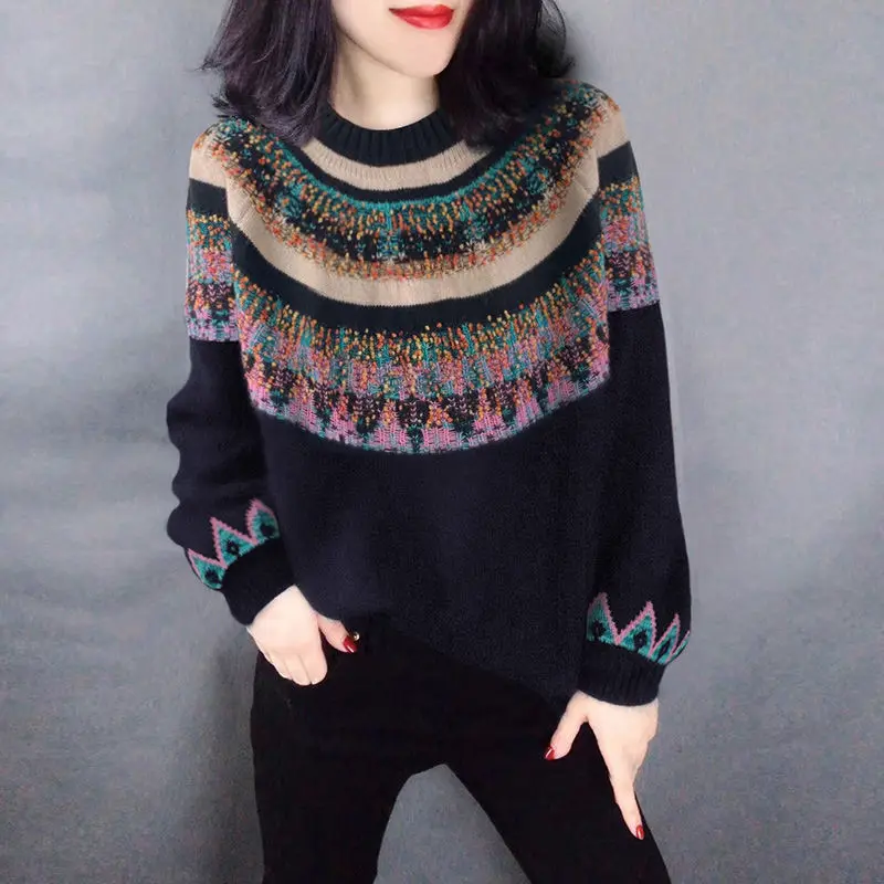 

Ethnic Style Splicing Round Neck Black Thin Sweater Sweater European Station 2021 Autumn Women's New European Fashion Trend