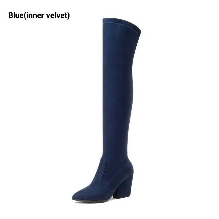 Blue(velvet) CDAXILAN/Новое поступление, Сапоги выше колена женские сапоги до бедра из искусственной замши женские зимние сапоги на высоком каблуке 8 см - Цвет: Blue(velvet)
