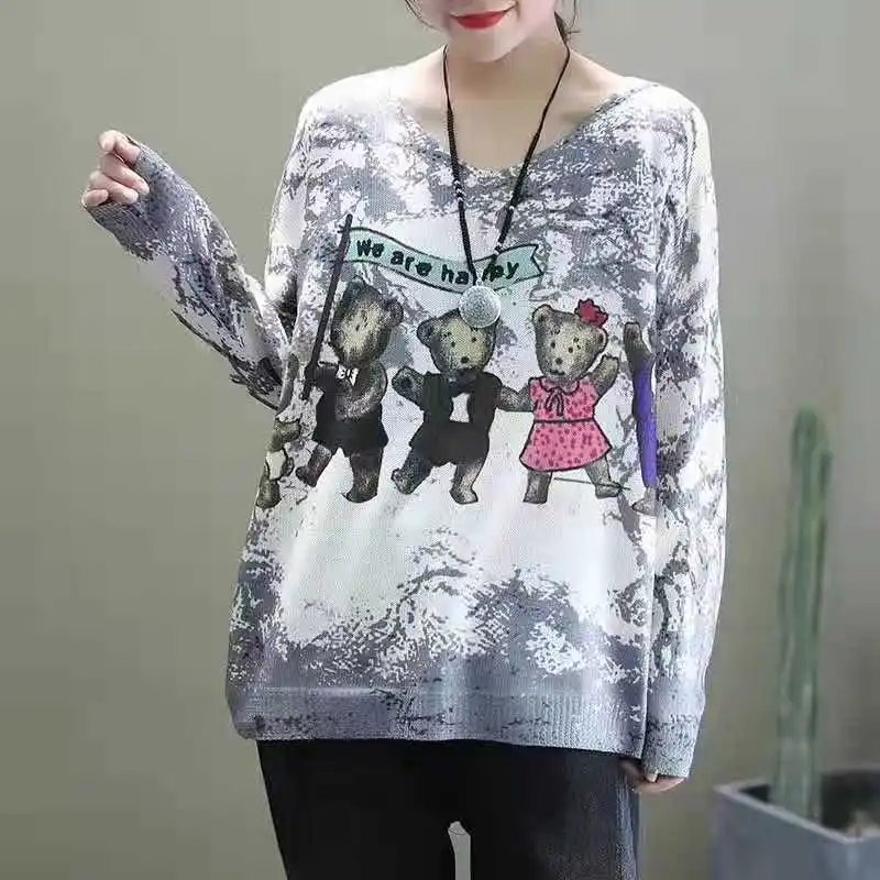 

Korean Cartoon Printed Girls Casual Loose Sweaters Women Long Sleeve Pullover Cotton Knitted Tops Blouse Mujer De Robe Plus Size