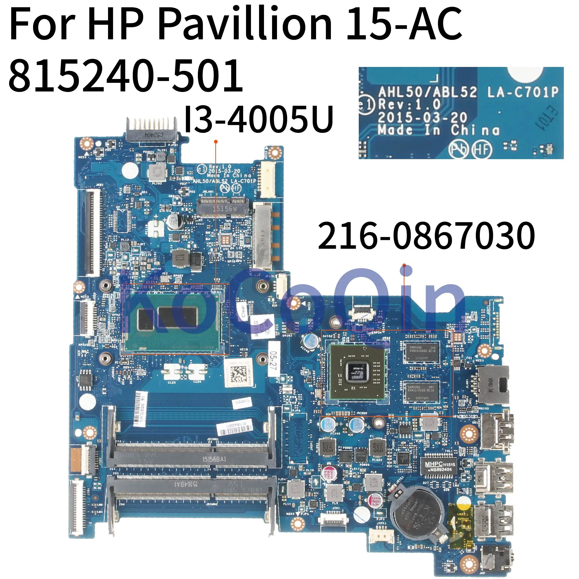 KoCoQin Laptop motherboard For HP 15-AC 250 G4 Core SR1EK I3-4005U Mainboard LA-C701P 815240-501 815240-001 216-0867030 | Компьютеры и