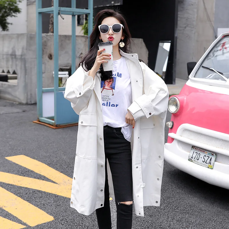 2019 Autumn Winter New Women trench coat Fashion casual Hooded Letter Printing Windbreaker Ladies simple white Long coat LY11