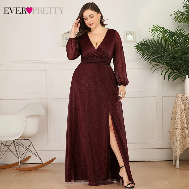 

Plus Size Burgundy Evening Dresses Ever Pretty A-Line Side Split V-Neck Long Sleeve Sparkle Sexy Party Gowns Abendkleider 2020