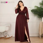 Женское вечернее платье с длинным рукавом, бордовое блестящее ТРАПЕЦИЕВИДНОЕ ПЛАТЬЕ С РАЗРЕЗОМ сбоку и V-образным вырезом, модель 2020