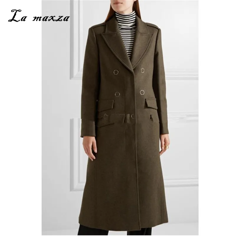 

2019 Wool Coat Women Green Fashion Elegant Double Breasted Plus Size Designers Long Coat