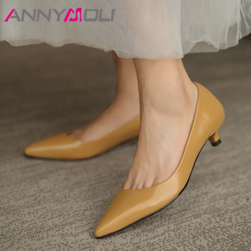 

ANNYMOLI Natural Genuine Leather Med Heels Women Shoes Pointed Toe Stiletto Heel Pumps Office Footwear Ladies Spring Yellow Pink