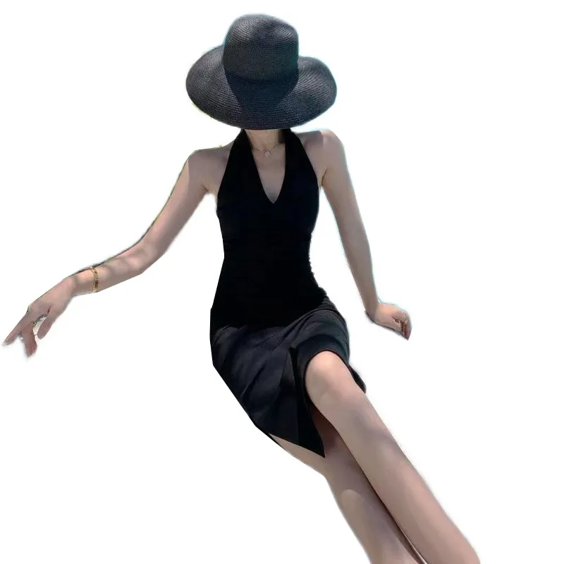 

2021 Spring and Summer New Mid-Length Modal Halter Low-Cut Sexy Sheath Backless Slit One-Step Dress