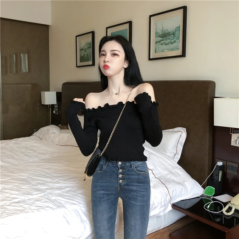 Новые Модные женские сексуальные топы с открытыми плечами и длинным рукавом