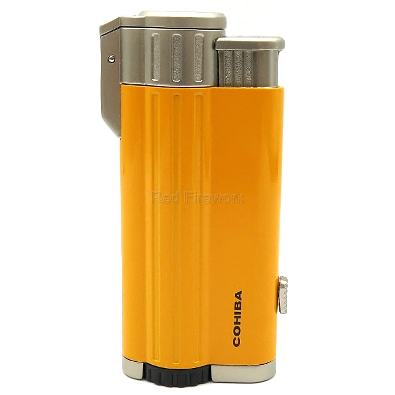 Yellow COHIBA курительные гаджеты, металлические ветрозащитные многоразовые зажигалки для сигарет, 3 фонарь, Высококачественные Зажигалки для сигар с подарочной коробкой - Цвет: Yellow