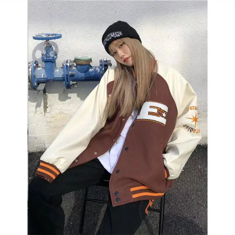 

2021 new unisex baseball jacket bomber woman jacket hip hop furry bone patchwork color block jacket men's Harajuku streetwear