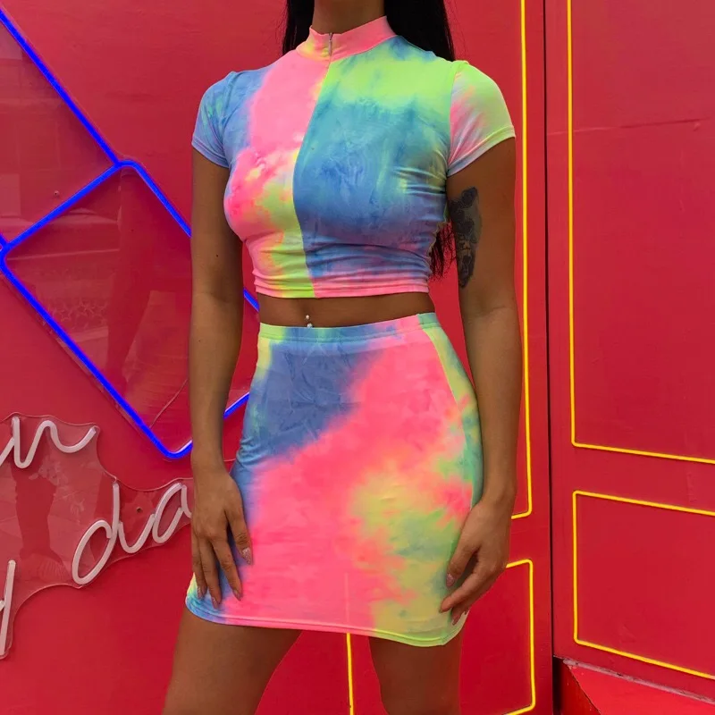 F plus R Tie Dye принт сексуальная майка и юбка комплект из 2 предметов женский