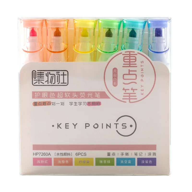 

6 Pcs/lot Soft Brush Rainbow Pastel Highlighter Chisel Tip Pens
