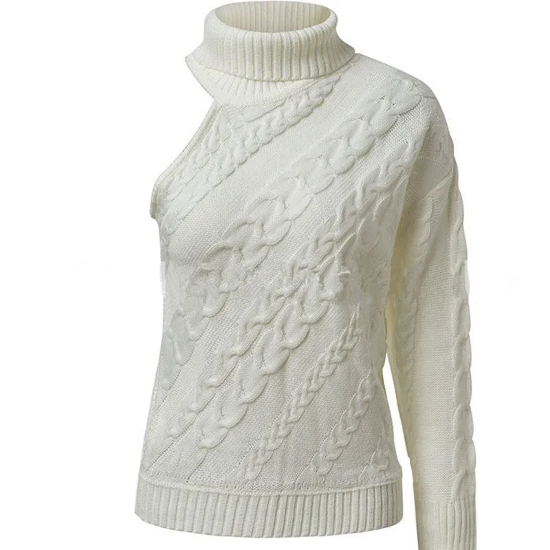 

Trendy Women Clothes Long Sleeve Knitted One Shoulder Sweater Solid Turtle Neck pullover Outwear Turtleneck Straight Truien