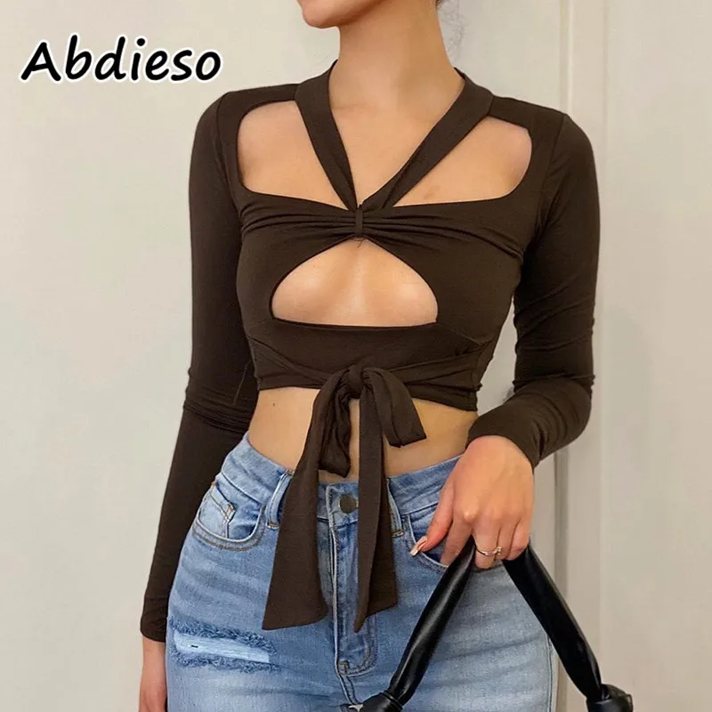 

Abdieso коричневый сексуальный укороченный топ с лямкой на шее, женские футболки с длинным рукавом, модные 2021 осенние зимние повседневные женс...