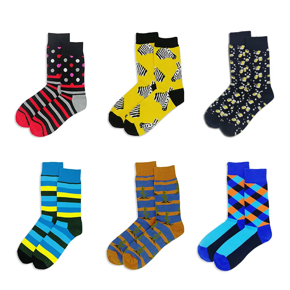 Носки мужские из чесаного хлопка 6 парт/Лот с рисунком зебры горошек полосок