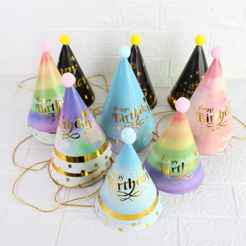 

10Pcs Happy Birthday Party Hat with Fur Ball Diy Cute Handmade Cap Crown Shower Baby Decoration Boy Girl Gifts Supplie Adult Hat