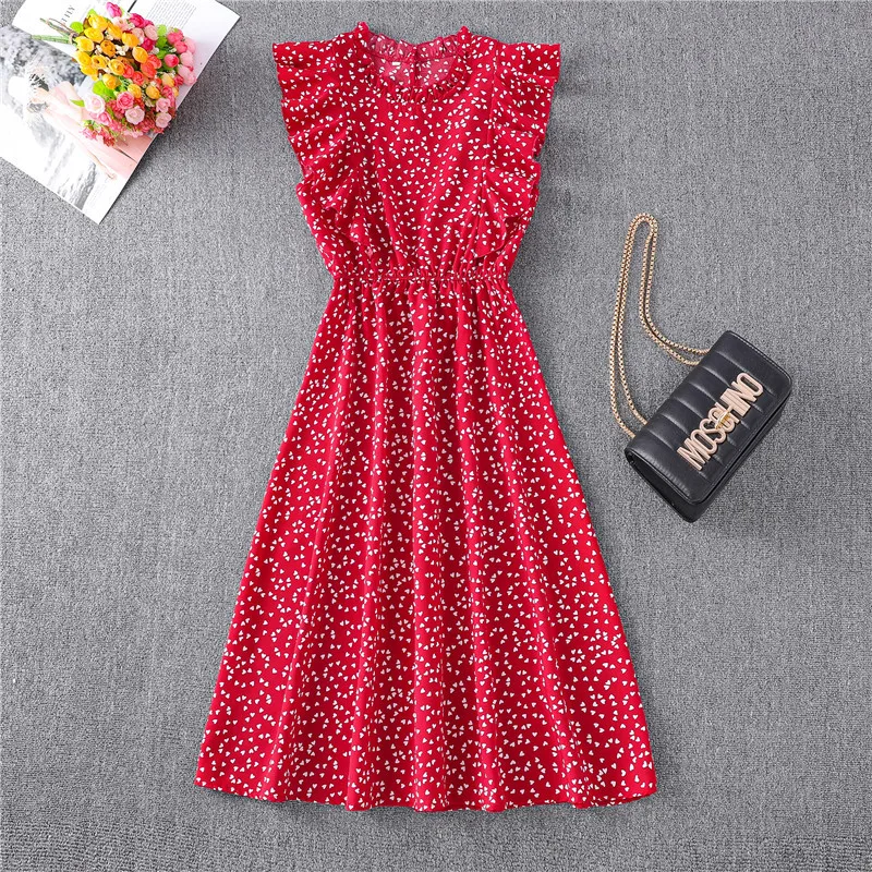 

Elegant Women's Chiffon O Neck Ruffled Sleeveless Dress Female Elastic Waist Floral Loose And Versatile Street Summer Mini Dress