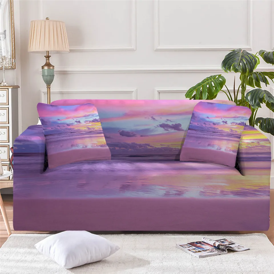 

BeddingOutlet Sunrise Stretch Sofa Cover 3D Beach Couch Cover for Living Room Ocean Slipcover For Sofas Pink Sea Chair Protector