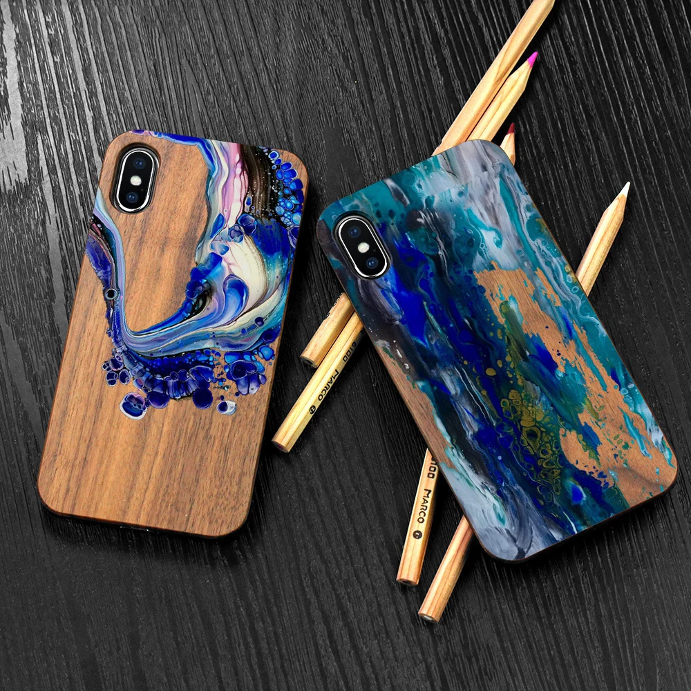 Painted ink color printed wooden phone case for iphone X XS XR max 6 7 8 plus PC Chinese style graffiti wooden shell